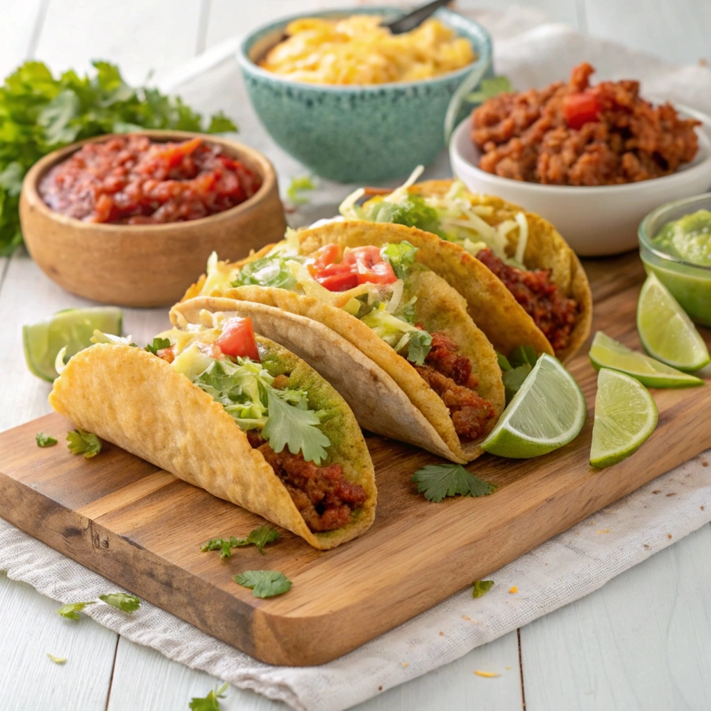 An assortment of fried tacos including tacos dorados, flautas, and puffy tacos with garnishes and dips.