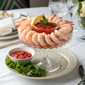 Western-style shrimp cocktail served with red sauce and lemon garnish.