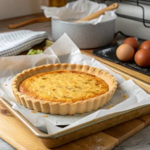 Golden brown quiche crust being blind baked with parchment paper and pie weights.