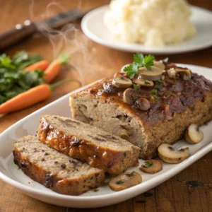 Golden mushroom meatloaf sliced with mushroom gravy drizzle and garnished with parsley. 