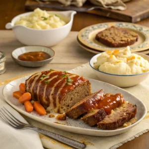 Cheesy meatloaf slices drizzled with savory gravy, served with creamy mashed potatoes and roasted carrots on a cozy dinner table setting