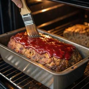 Deer meatloaf in a loaf pan being brushed with ketchup glaze while baking in the oven.