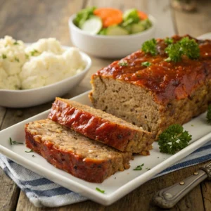 Golden brown rice meatloaf with tomato glaze, garnished with parsley, served with mashed potatoes and vegetables