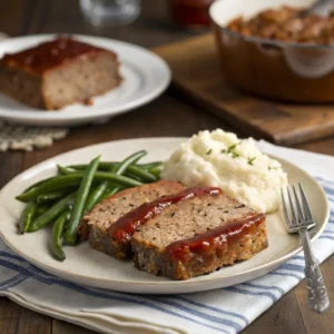 Plated meatloaf without bread crumbs, served with mashed potatoes and green beans, with a fork and napkin on a cozy dinner table