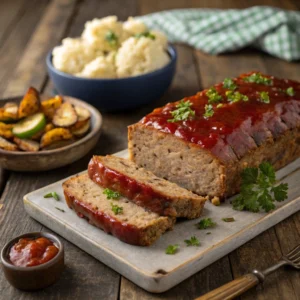 Eggless meatloaf sliced on a wooden table with parsley garnish, ketchup glaze, and sides of mashed potatoes and roasted vegetables