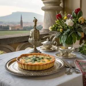 A quiche Florentine presented on a vintage silver platter with Renaissance-inspired decor, including antique tableware, fresh flowers, and a Florence skyline in the background.