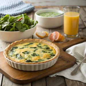 An elegantly displayed Quiche Florentine with a golden, flaky crust, filled with creamy custard, fresh spinach, and bubbling melted cheese, served on a rustic wooden table with a side of green salad and orange juice