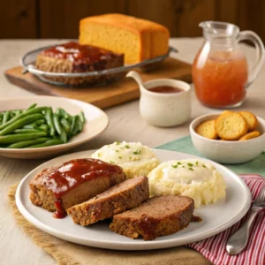 Plated Southern Meatloaf slice with glaze, served alongside mashed potatoes with gravy, green beans, cornbread, and sweet tea on a cozy family dinner table