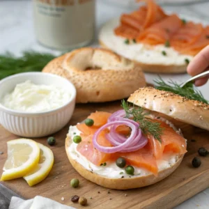 Step-by-step assembly of a smoked salmon bagel sandwich.