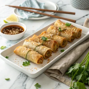 Crispy cabbage and egg rolls served with dipping sauce on a white rectangular plate, garnished with sesame seeds and cilantro.