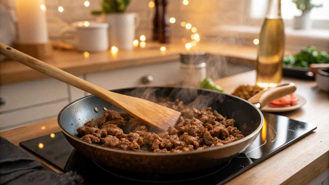 Ground beef cooking on a stovetop with a spatula.