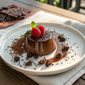 Chocolate panna cotta on a white plate with chocolate glaze, raspberries, and mint