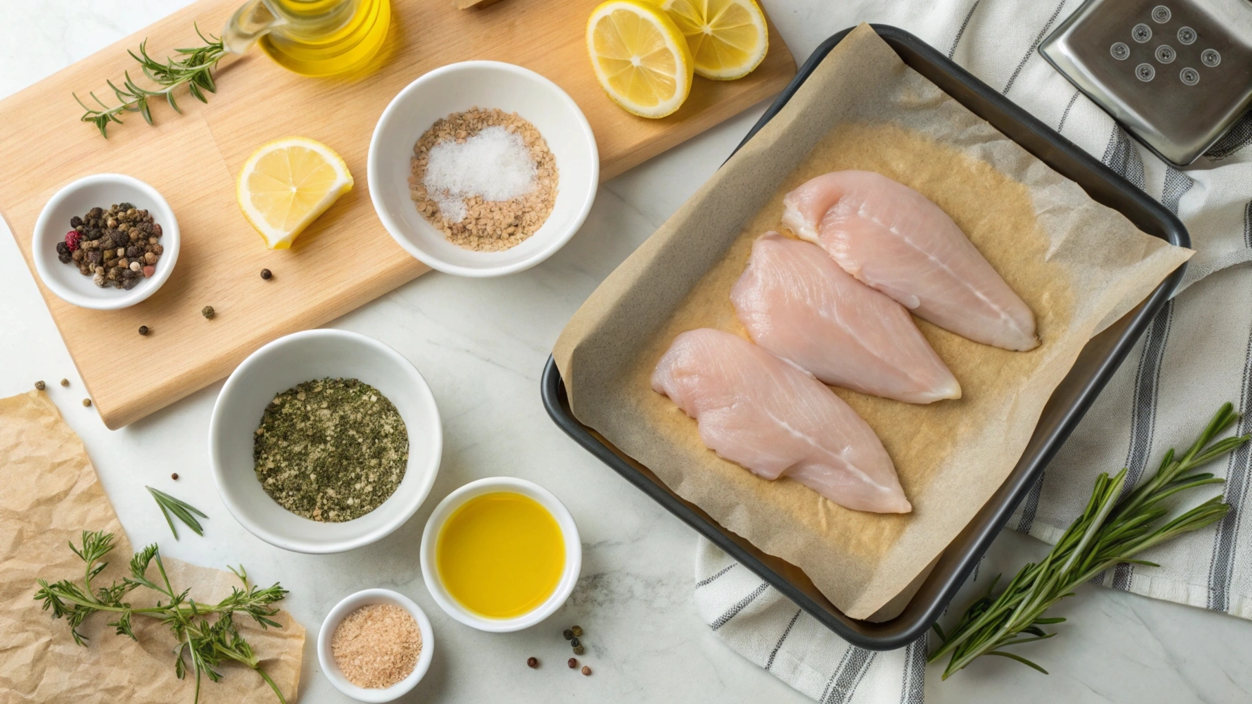 Raw chicken tenders being seasoned on a wooden cutting board with spices and herbs.