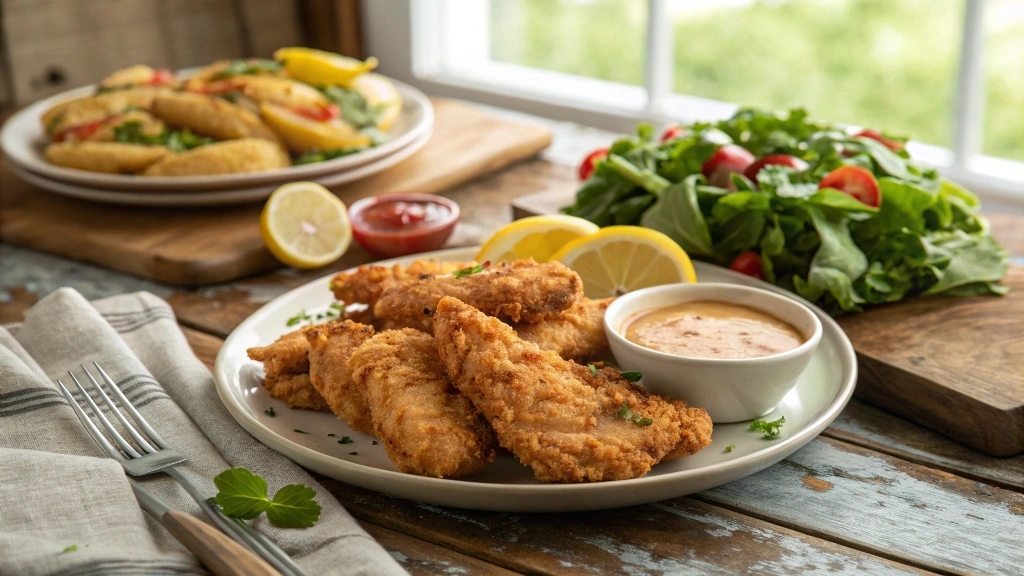 Perfectly baked chicken tenders on a plate with salad, lemon wedges, and dipping sauce.