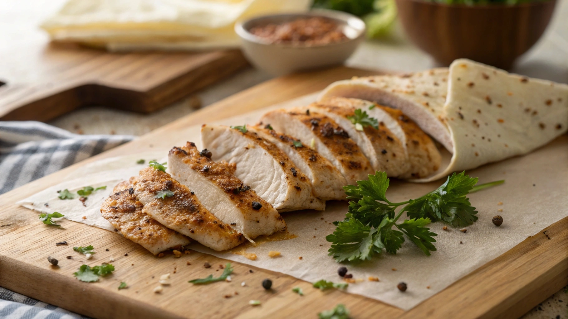 Grilled chicken slices seasoned and ready for a snack wrap.