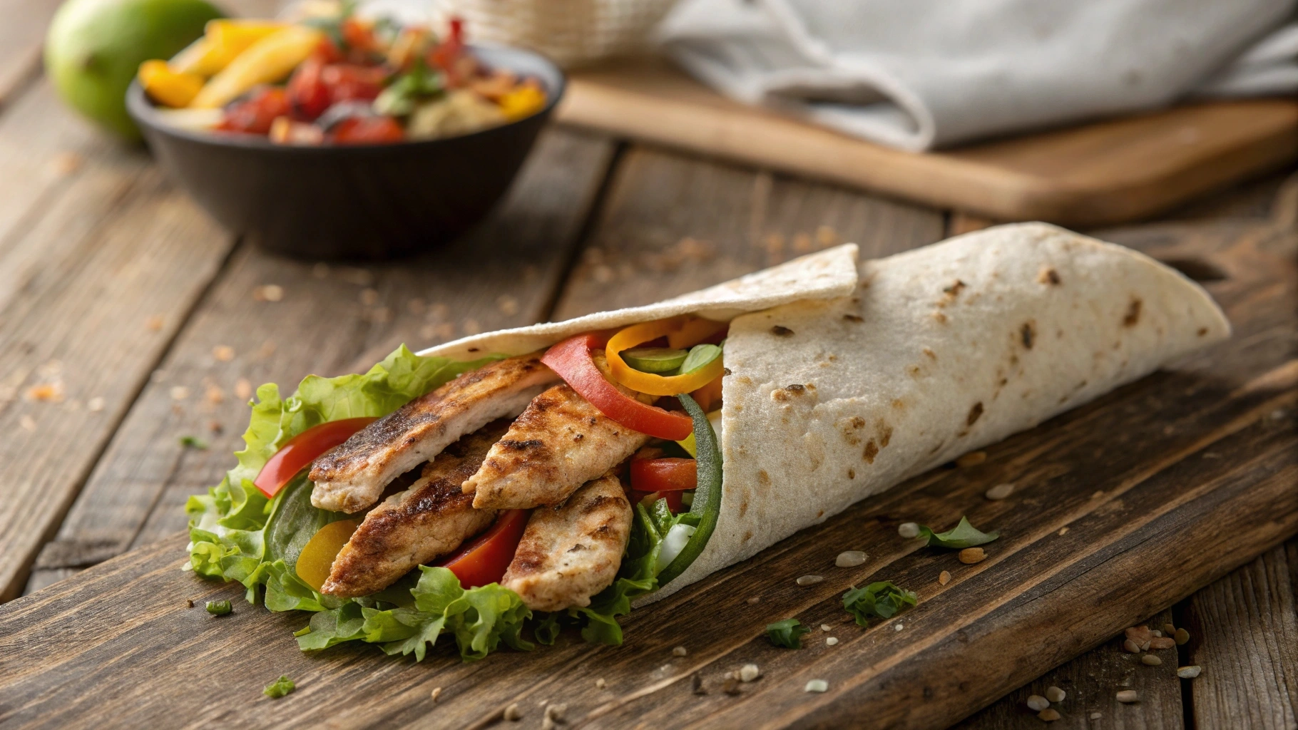 Grilled chicken snack wrap with fresh vegetables on a rustic table