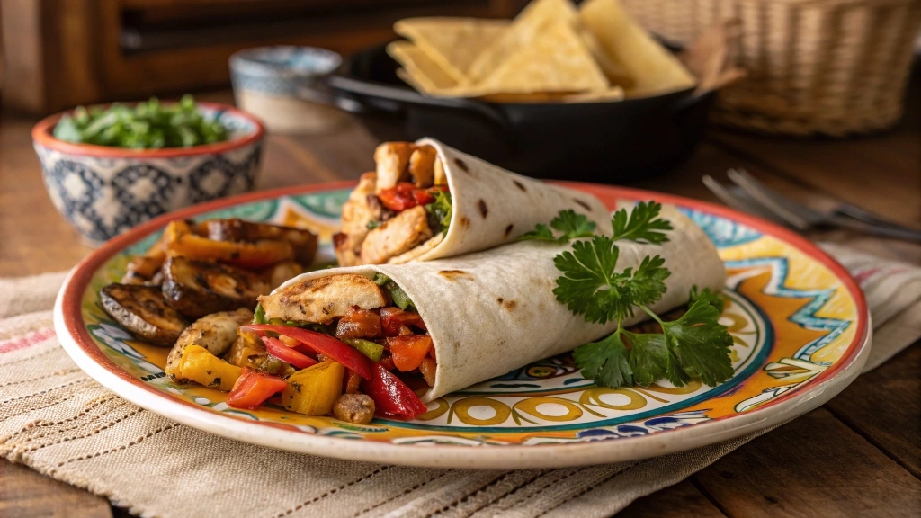 Chicken wrap served with roasted vegetables.