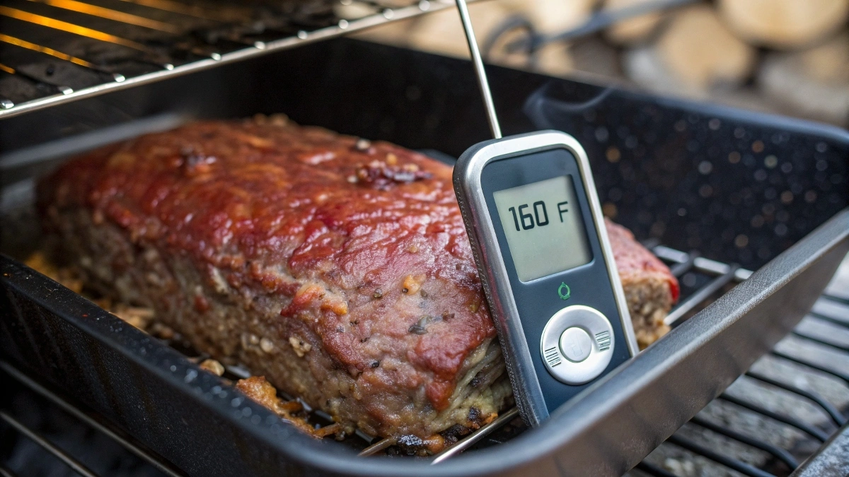 Digital meat thermometer showing 160°F in a smoked meatloaf