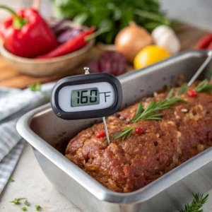 Meat thermometer showing 160°F in a cooked meatloaf