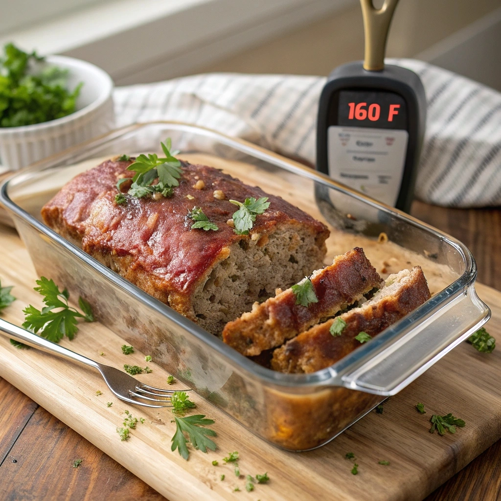 Perfectly cooked 2 lb meatloaf in a baking dish with glaze and thermometer.