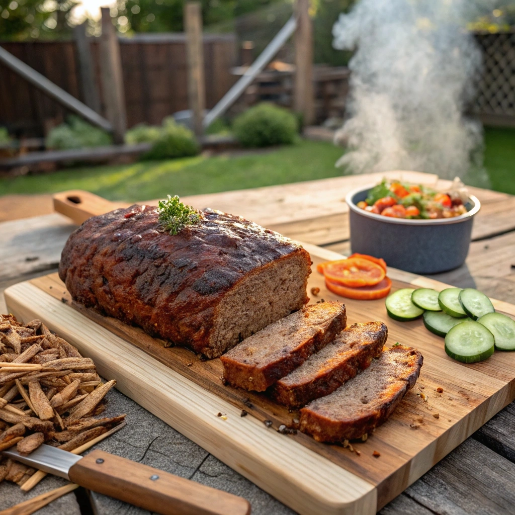 Smoked 2 lb meatloaf on a cutting board with smoke in the background.