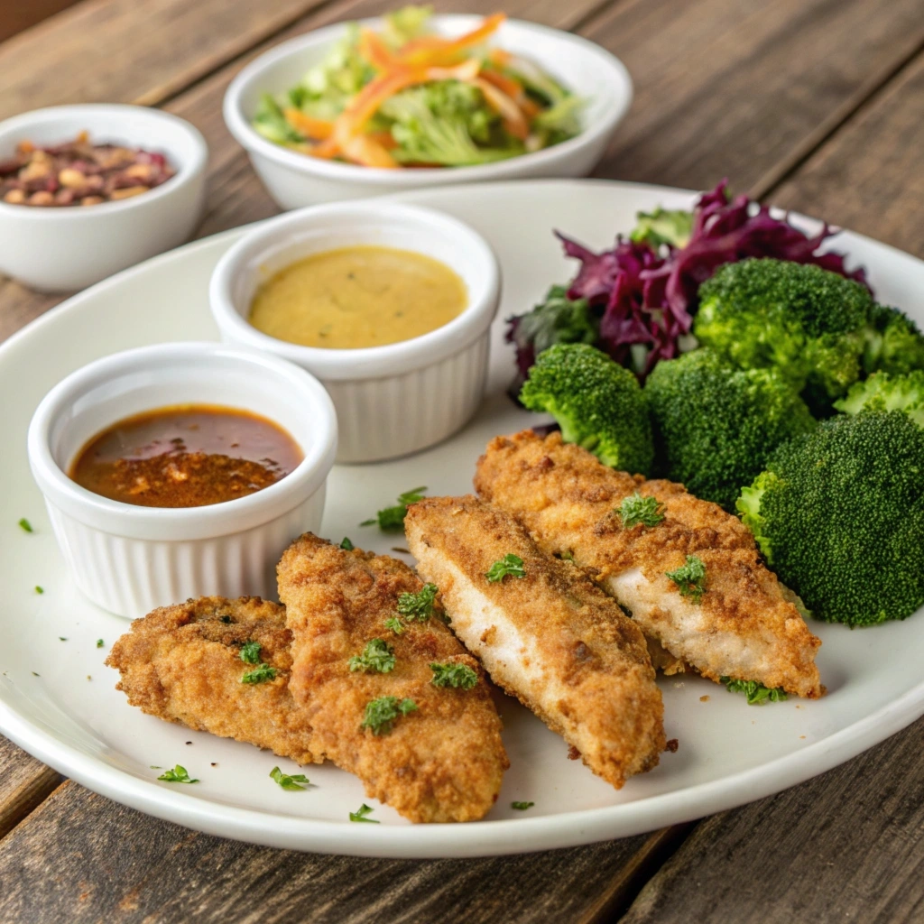 Plated chicken tenders with dipping sauces, broccoli, and salad.