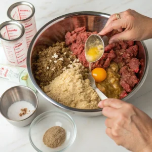 Mixing ingredients for a 2 lb smoked meatloaf in a bowl.