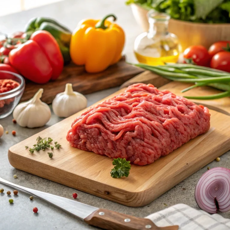 Fresh raw ground beef with vegetables on a wooden board.