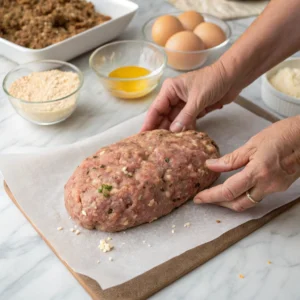 Hands shaping a 2 lb meatloaf with visible ingredients.