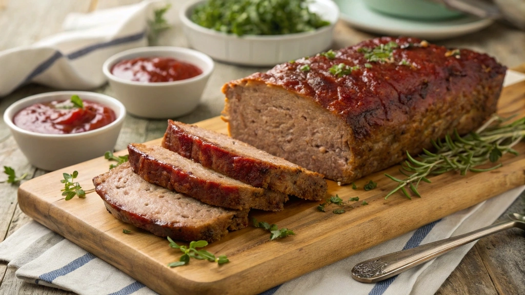 Sliced 2 lb meatloaf resting on a cutting board with herbs.