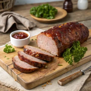 Sliced smoked meatloaf on a cutting board showing glaze and smoke rings