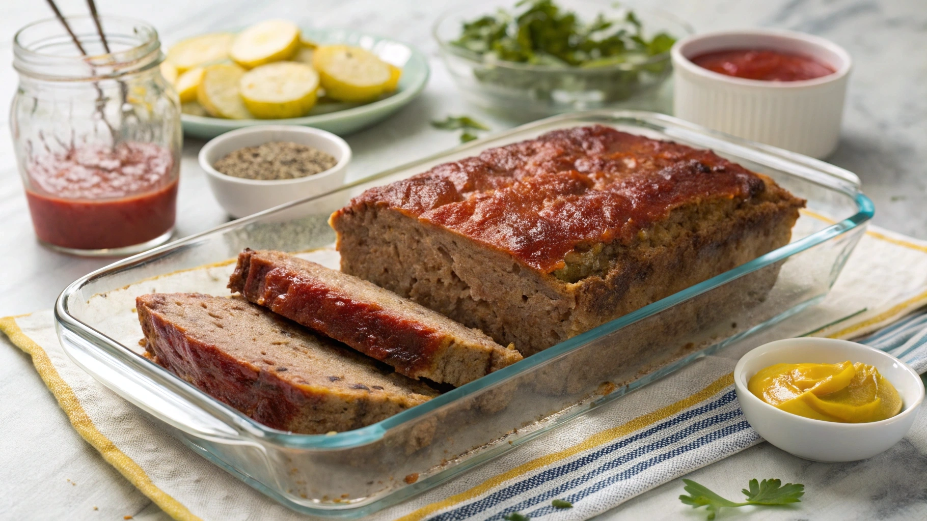 Sliced meatloaf in a glass baking dish with condiments