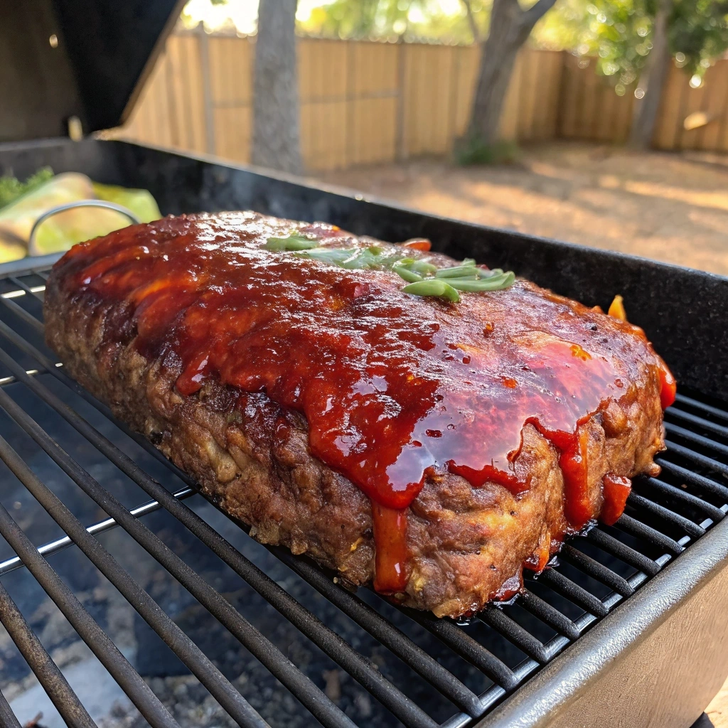 Perfectly smoked meatloaf on a smoker with a caramelized glaze