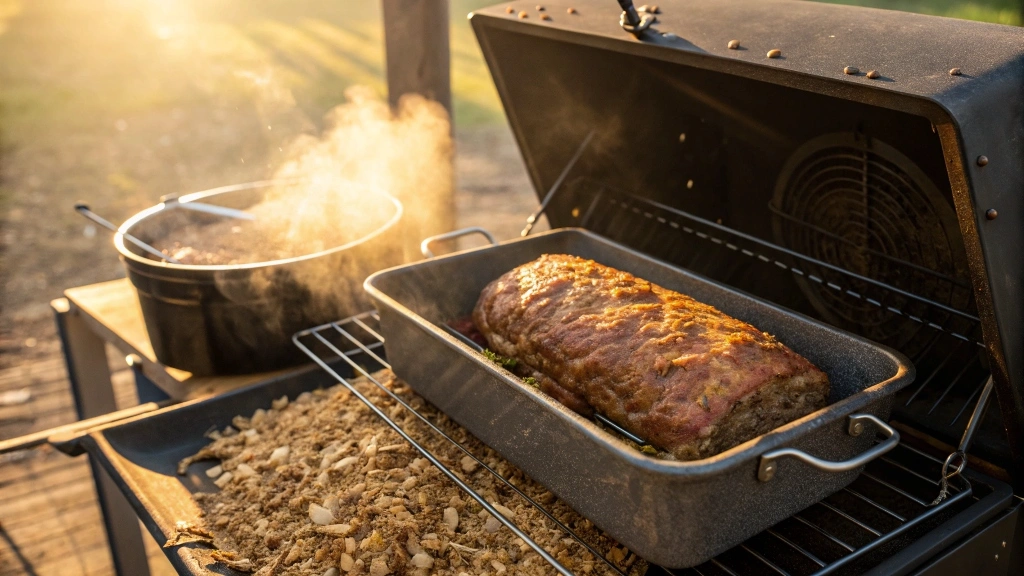 2 lb meatloaf inside a smoker with smoke rising.