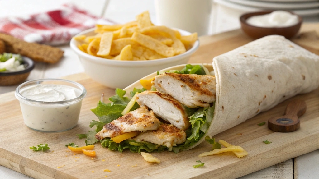 Close-up of Wendy’s grilled chicken wrap with ingredients like grilled chicken, lettuce, and ranch dressing.