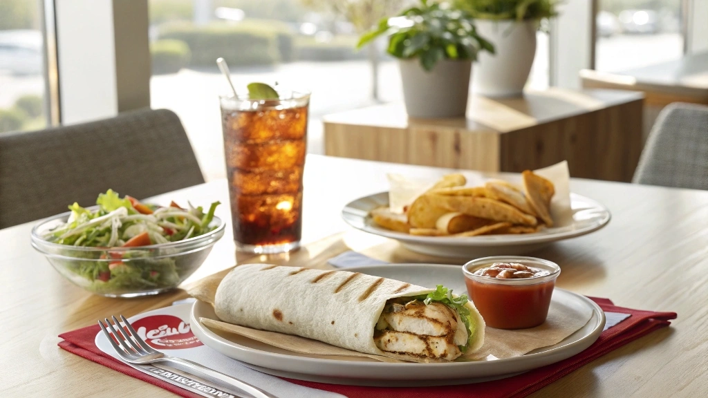 Wendy’s Grilled Chicken Wrap served with a small salad and iced tea.