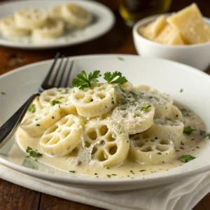 A plate of wheel pasta with creamy Alfredo sauce, garnished with parsley.