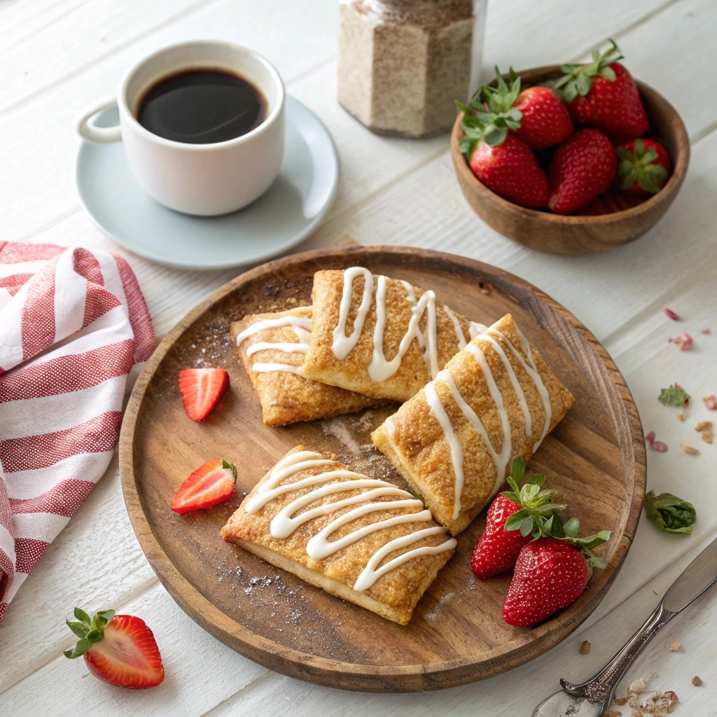 Homemade toaster strudels with icing and fresh strawberries on a breakfast table.