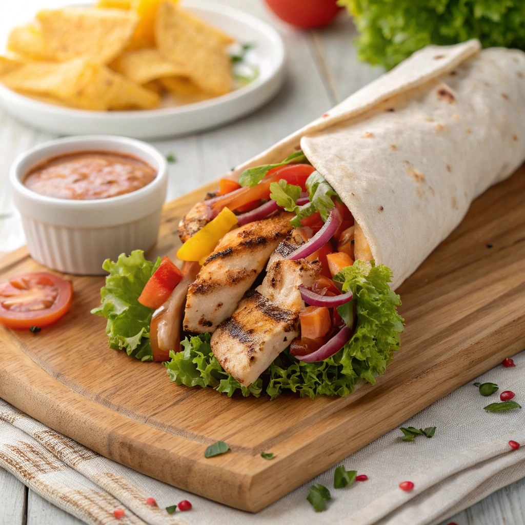 Grilled chicken wrap with fresh vegetables and dipping sauce.