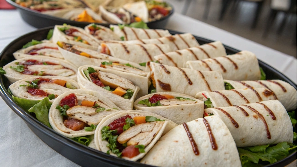 Party platter with sliced grilled chicken wraps and vegetables.