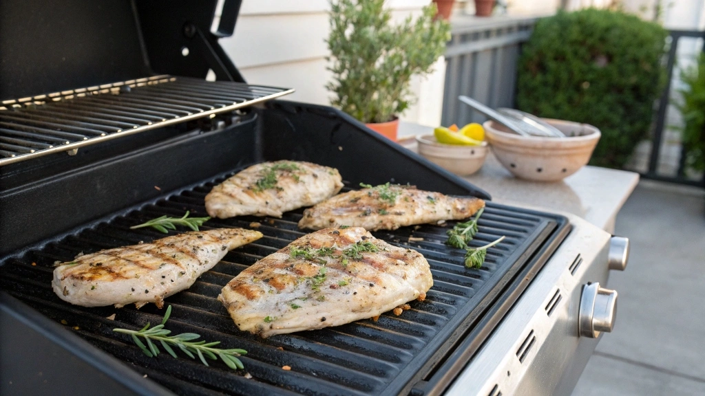 Grilled chicken cooking on a barbecue grill with spices.