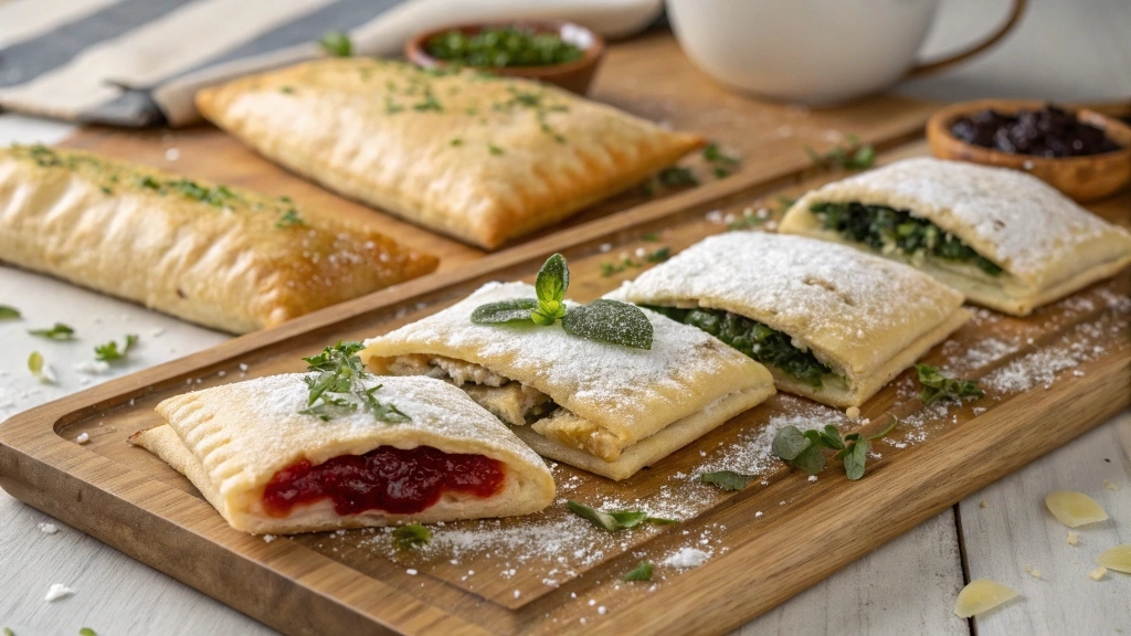 Variety of homemade toaster strudels with sweet and savory fillings.