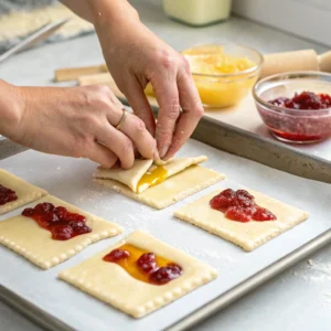 Hands assembling homemade toaster strudels with fruit filling