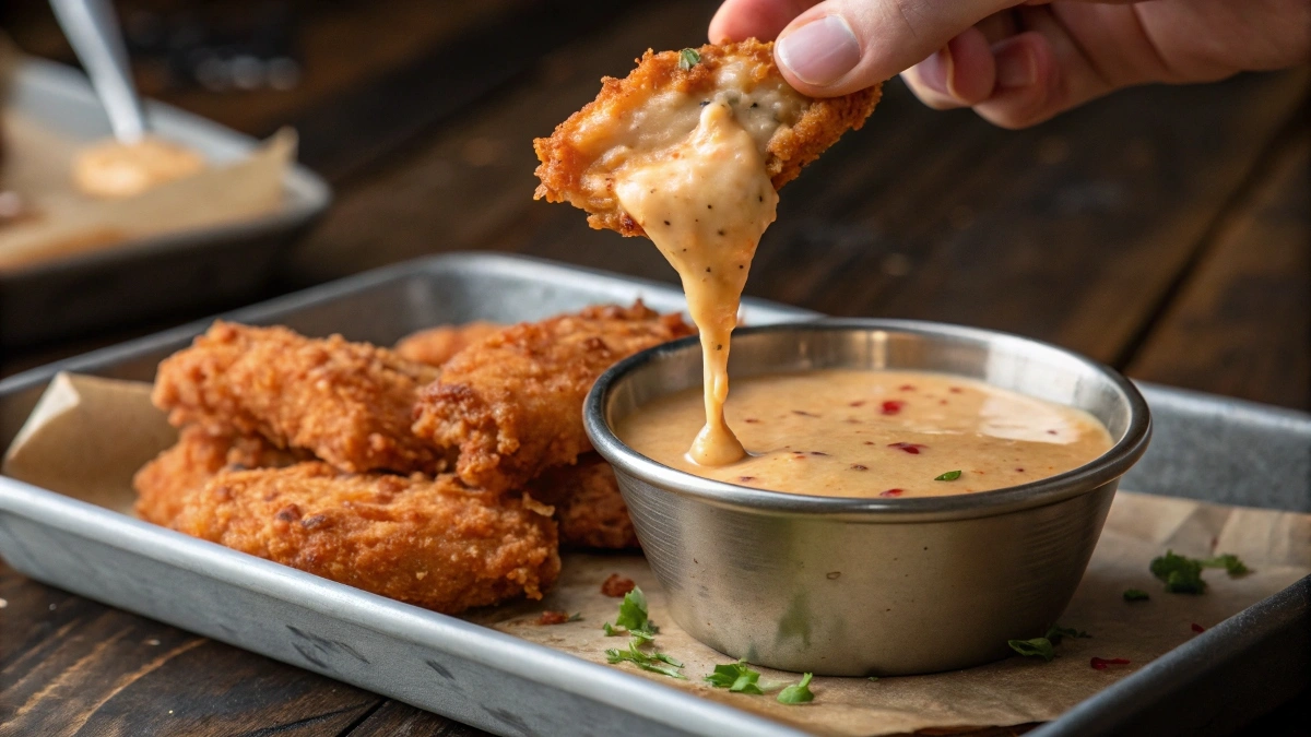 A hand dipping a crispy, golden-brown chicken tender into a creamy, spicy sauce in a metal tray.