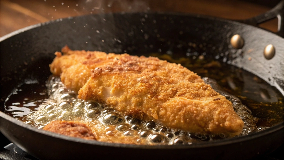 A single breaded chicken tender sizzling in bubbling hot oil inside a deep pan.