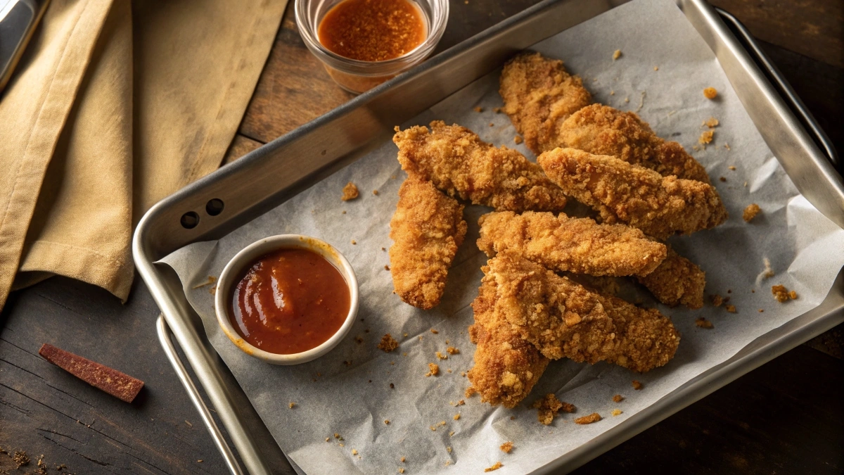 A tray of freshly fried, golden-brown crispy chicken tenders served with a cup of dipping sauce.