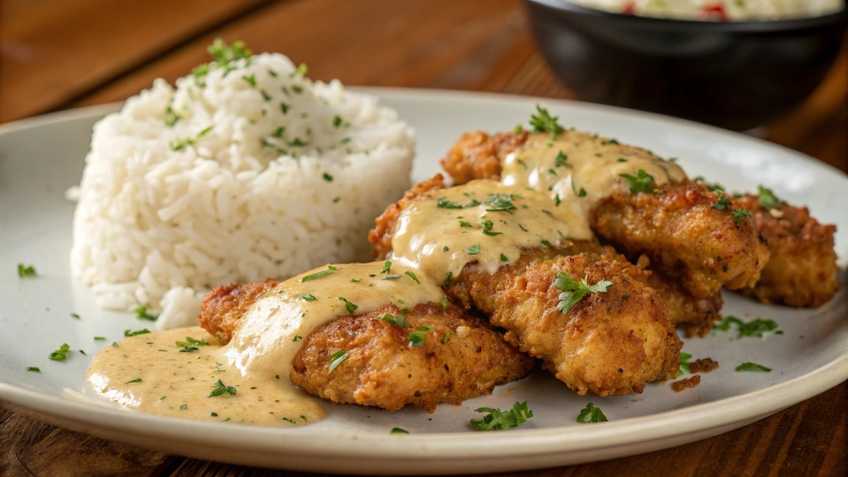 A black plate with crispy glazed chicken tenders served alongside fluffy white rice and dipping sauce.