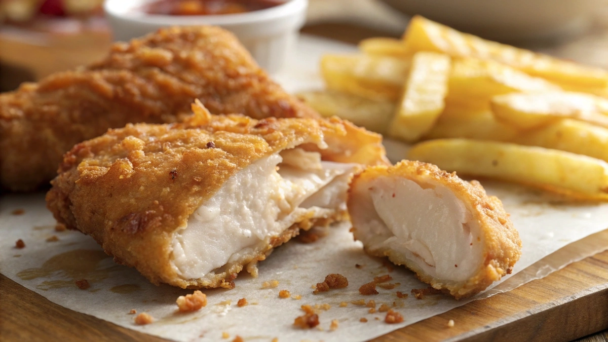 A hand holding a crispy chicken tender with a bite taken out, revealing juicy white meat inside.