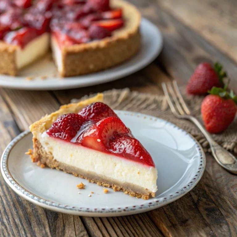 A slice of strawberry cheesecake with a golden crust and fresh strawberry topping.