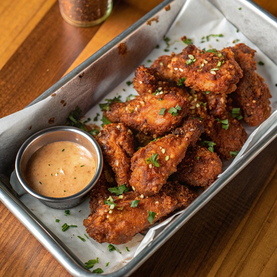 A tray filled with crispy fried chicken tenders coated in a glossy, spicy glaze, served with a cup of dipping sauce.